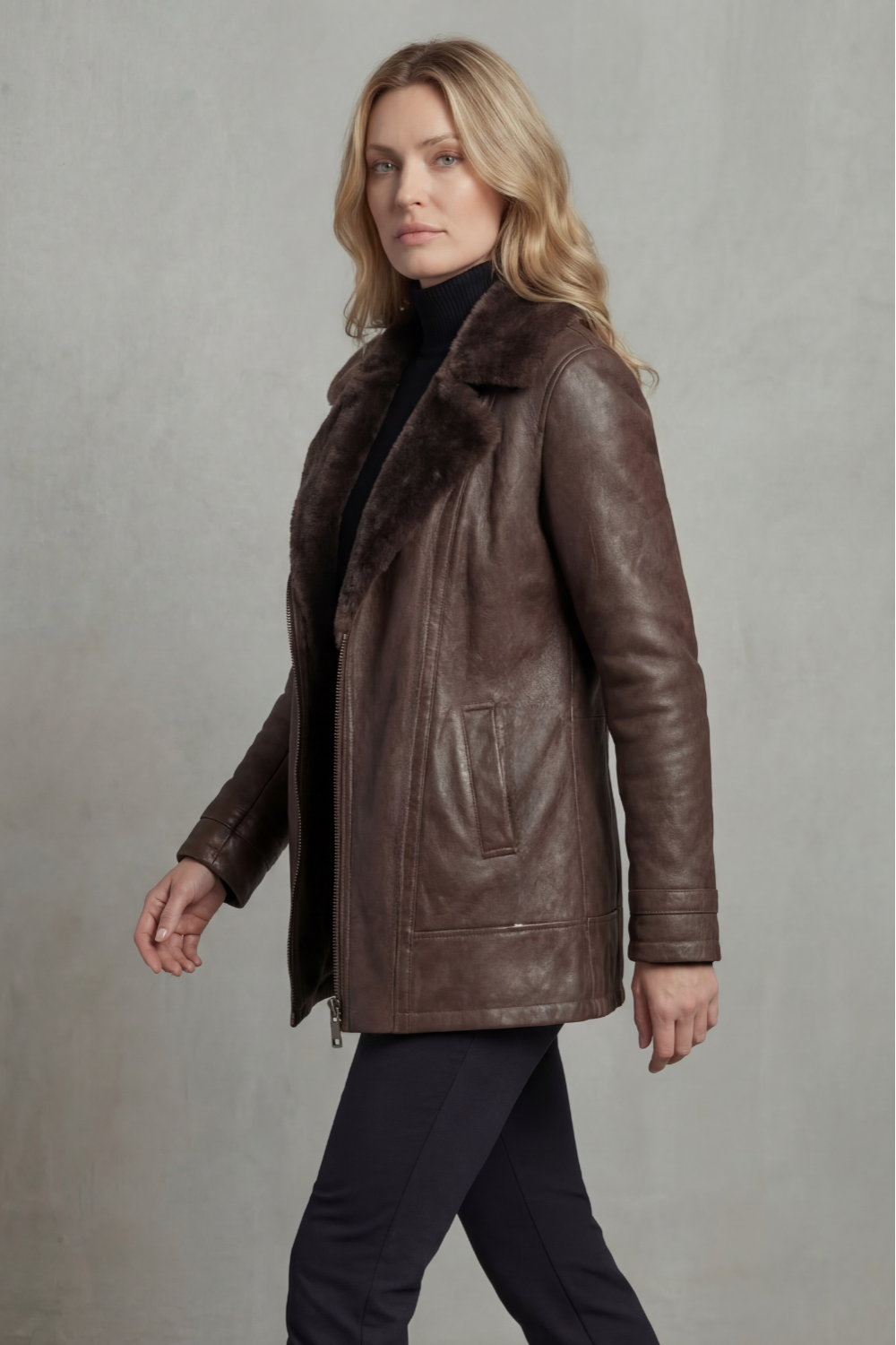 Penelope | Giacca Donna in Ecopelle con Collo in Shearling e Interno Caldo - Stile Invernale Deciso
