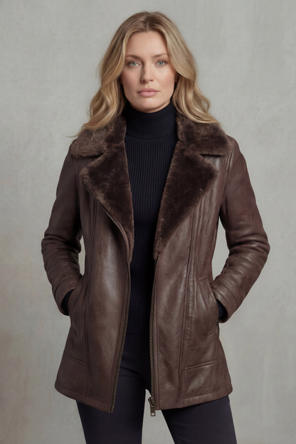 Penelope | Giacca Donna in Ecopelle con Collo in Shearling e Interno Caldo - Stile Invernale Deciso