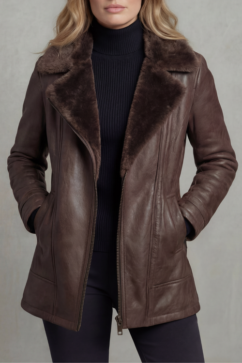 Penelope | Damenjacke aus Kunstleder mit Shearling-Kragen und warmem Innenfutter - Markanter Winterstil