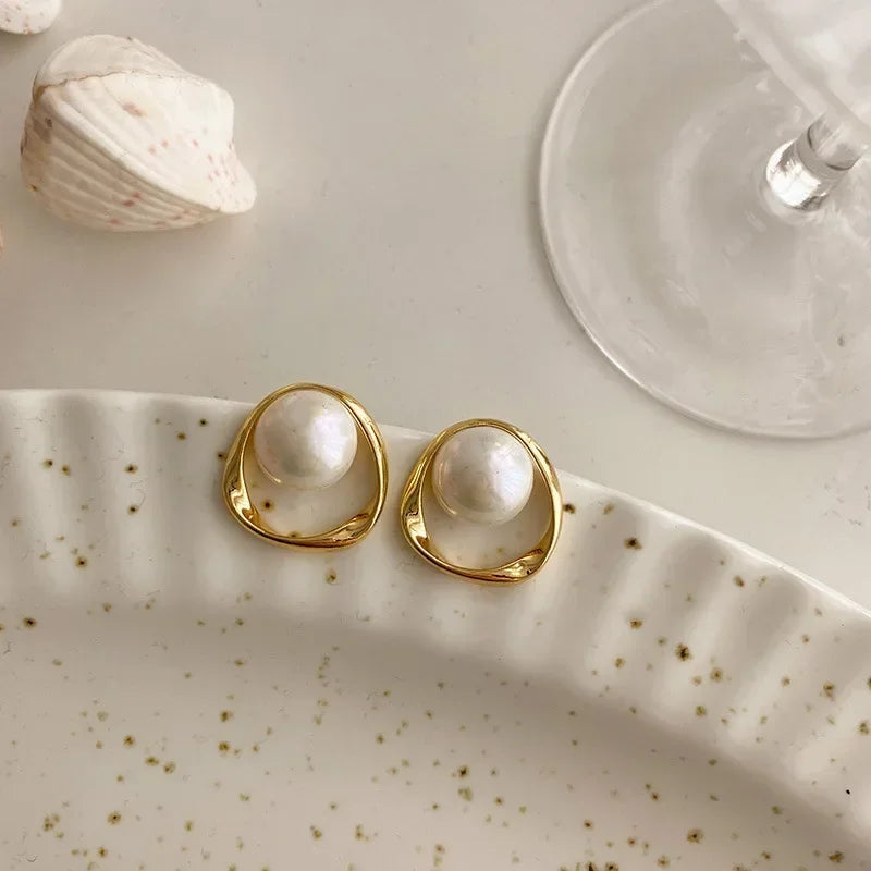 Women's Gold Earrings with Imitation Pearls