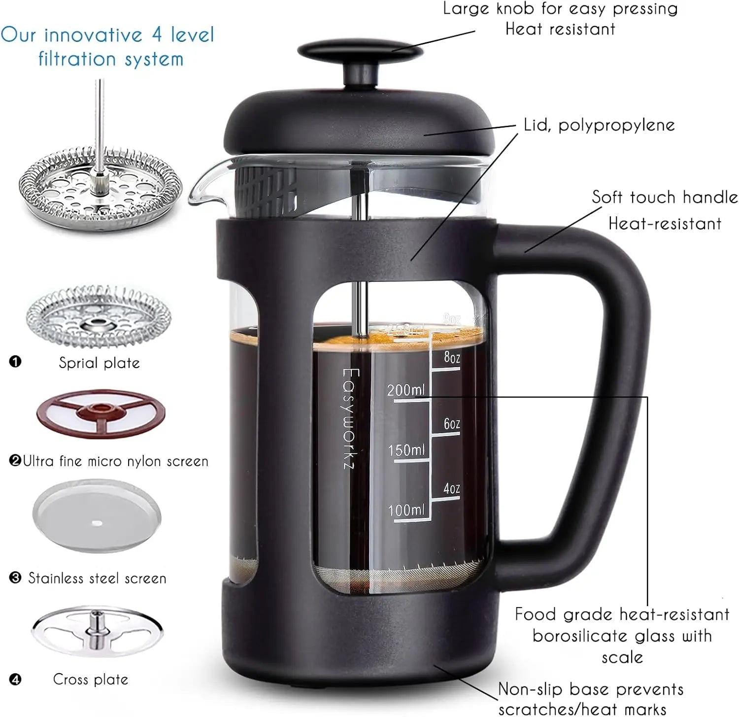 Caffettiera Francese in Vetro Borosilicato con Filtraggio a 4 Livelli | Design Ergonomico per Infusi Perfetti 2