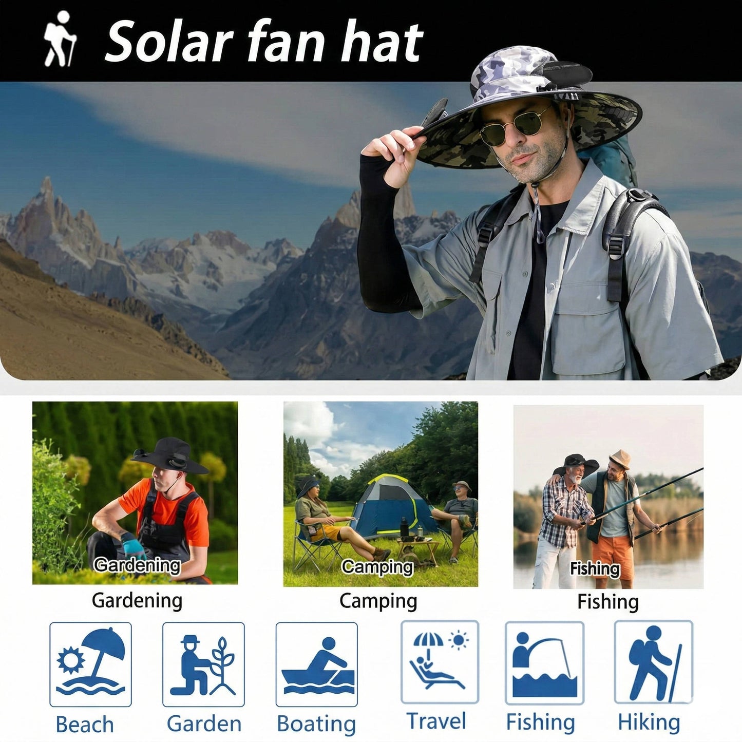 Sun Hat with Solar Fans and UPF 50+ UV Protection for Outdoor Comfort