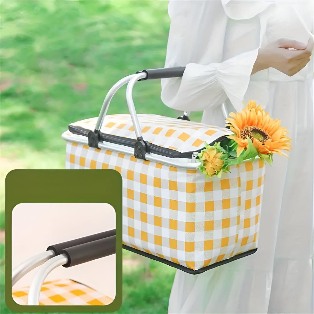 Insulated Checkered Picnic Basket with Durable Handles | Perfect for Outdoor Lunches and Ideal Storage