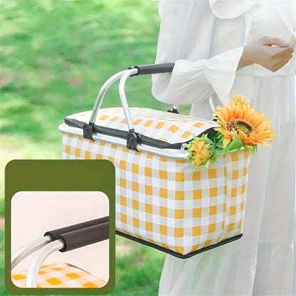 Insulated Checkered Picnic Basket with Durable Handles | Perfect for Outdoor Lunches and Ideal Storage