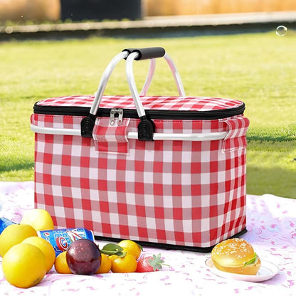 Insulated Checkered Picnic Basket with Durable Handles | Perfect for Outdoor Lunches and Ideal Storage
