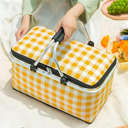 Insulated Checkered Picnic Basket with Durable Handles | Perfect for Outdoor Lunches and Ideal Storage