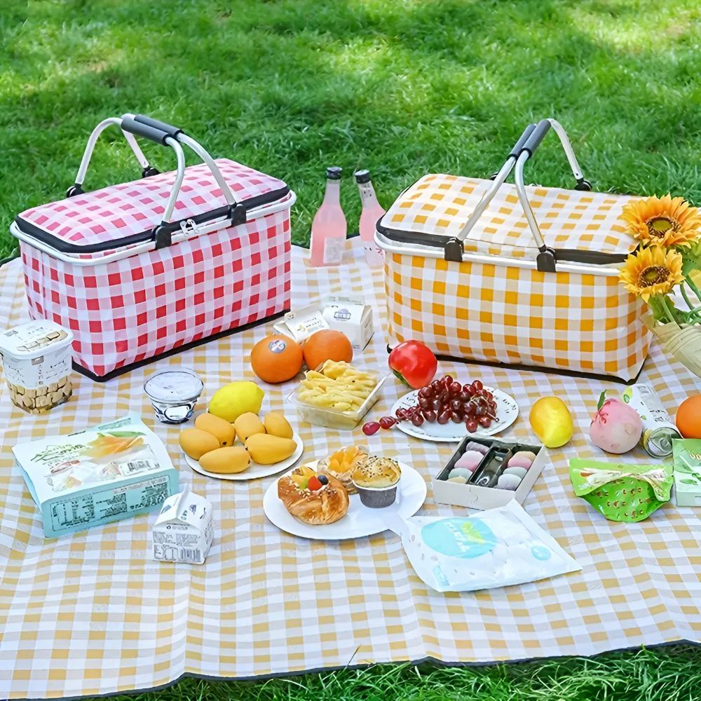 Insulated Checkered Picnic Basket with Durable Handles | Perfect for Outdoor Lunches and Ideal Storage