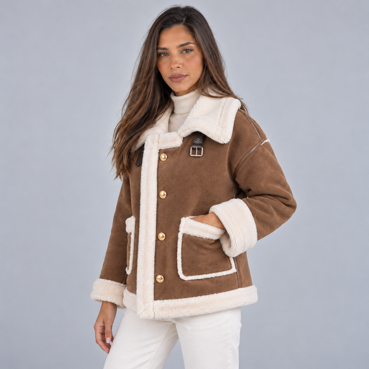 Greta | Giubbotto aviator donna effetto camoscio con colletto in montone sintetico, immagine 3