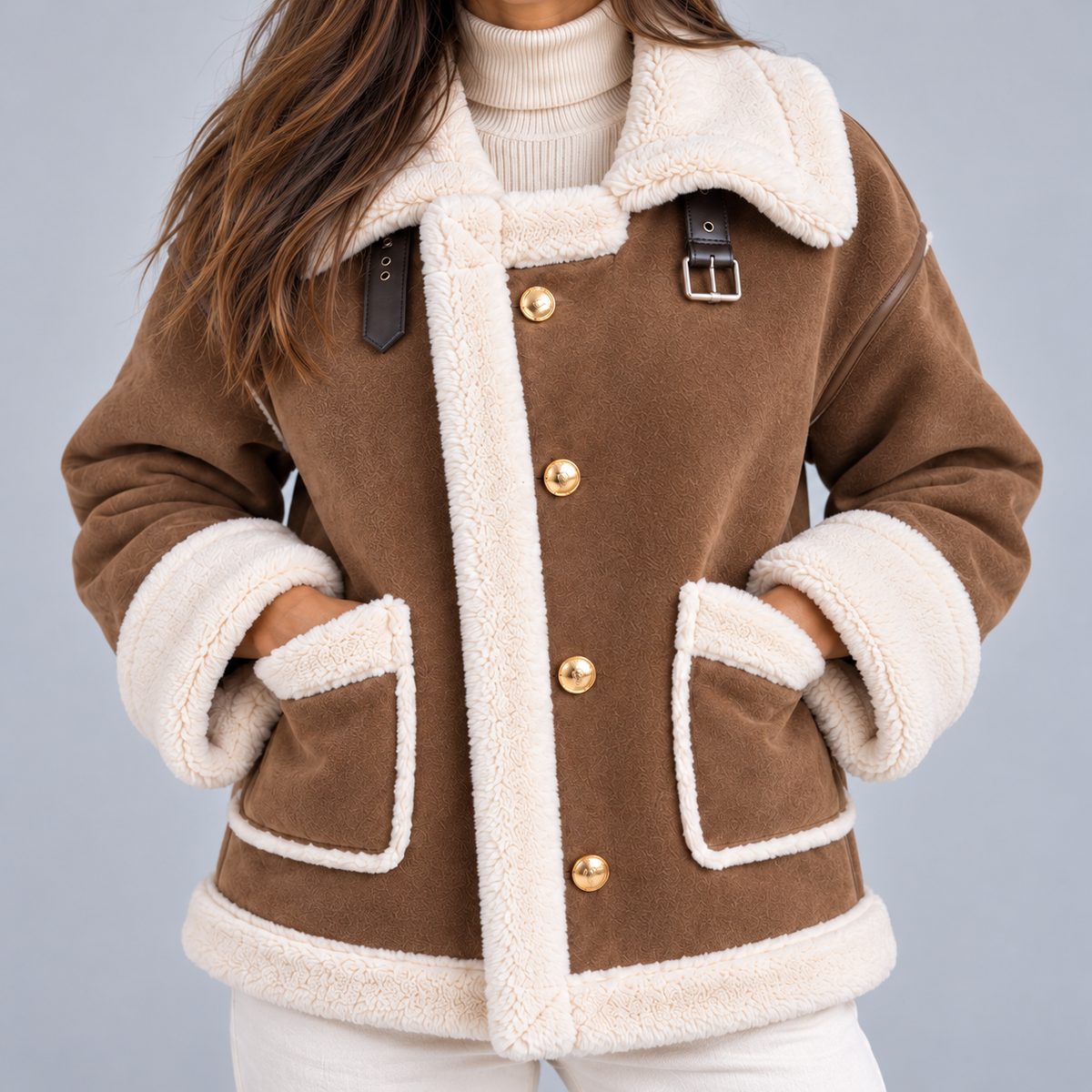 Greta | Giubbotto aviator donna effetto camoscio con colletto in montone sintetico, immagine 4