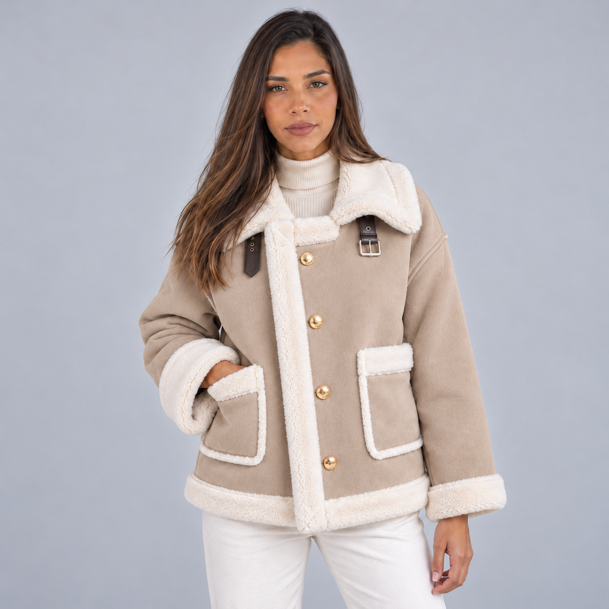 Greta | Giubbotto aviator donna effetto camoscio con colletto in montone sintetico, immagine 5