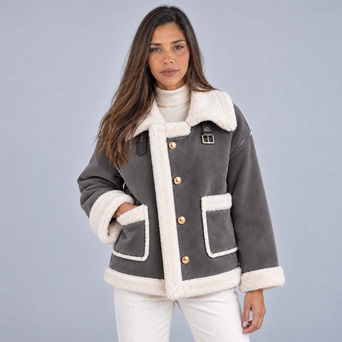 Greta | Giubbotto aviator donna effetto camoscio con colletto in montone sintetico, immagine 6