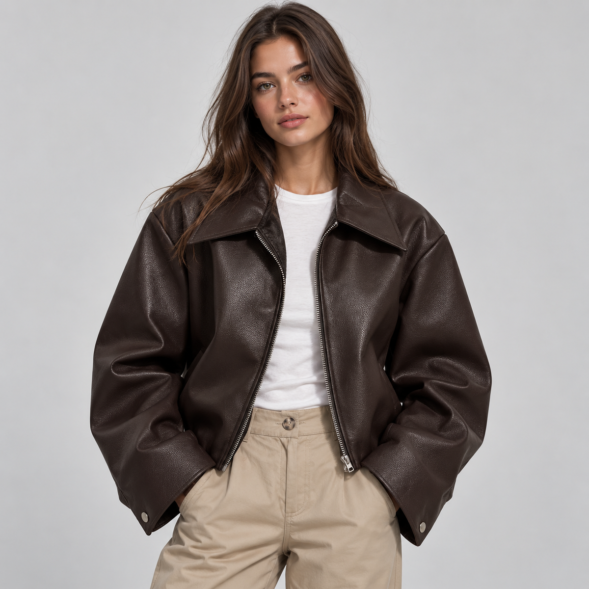 Cinzia | Women's Faux Leather Biker Jacket with Lapels and Full Lining - Everyday Edge