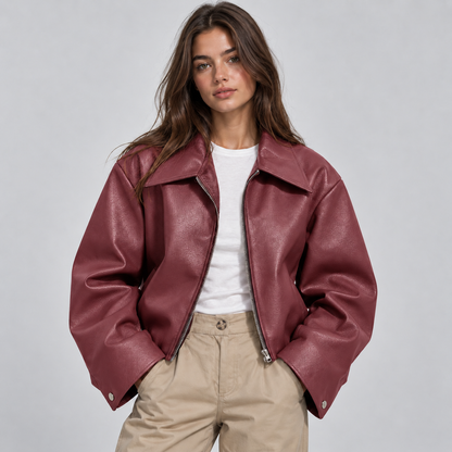 Cinzia | Women's Faux Leather Biker Jacket with Lapels and Full Lining - Everyday Edge