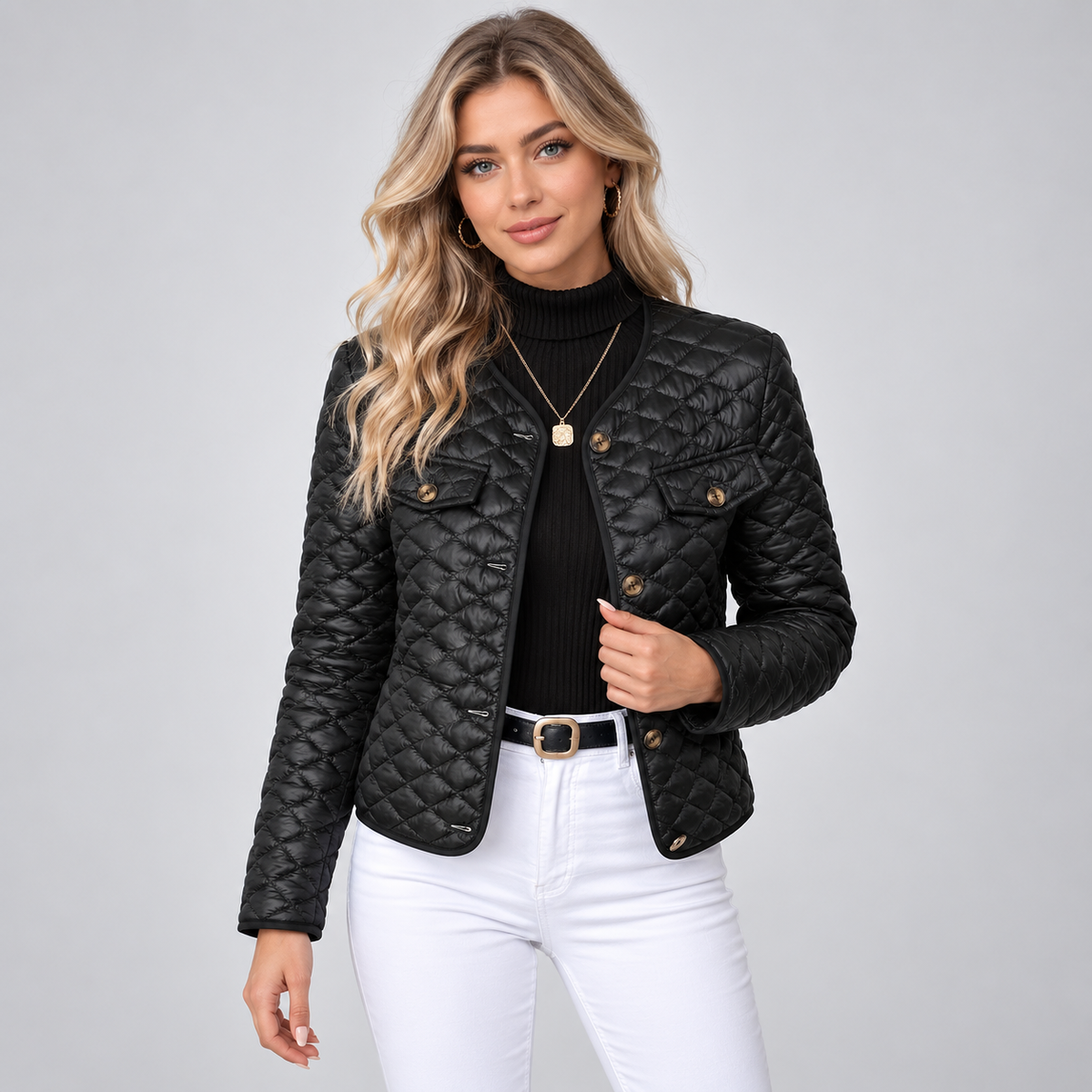 Clelia | Damensteppjacke mit V-Ausschnitt und Zierknöpfen - Elegante Wärme