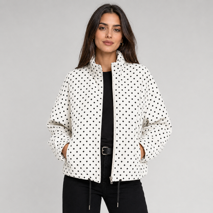 Ludovica | Women's Cropped Oversized Polka Dot Bomber Jacket with Zip - Playful Look