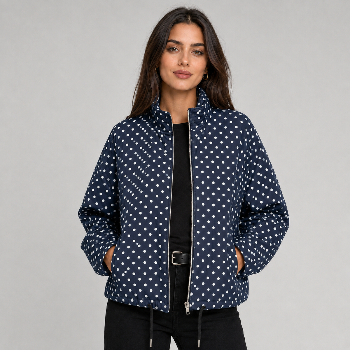 Ludovica | Women's Cropped Oversized Polka Dot Bomber Jacket with Zip - Playful Look