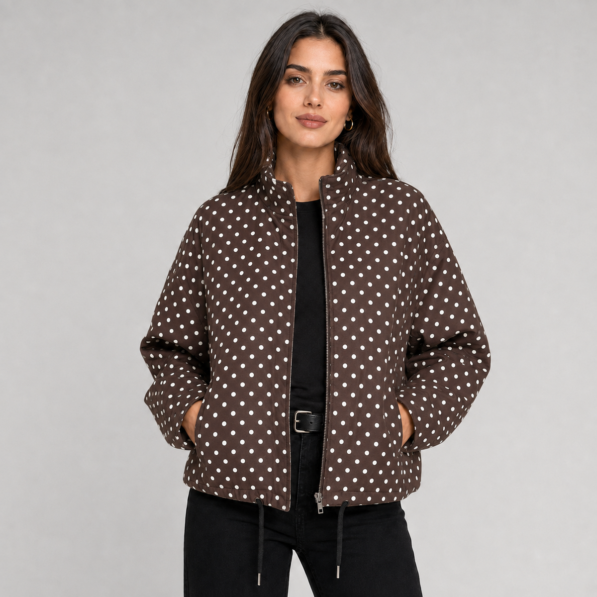 Ludovica | Women's Cropped Oversized Polka Dot Bomber Jacket with Zip - Playful Look