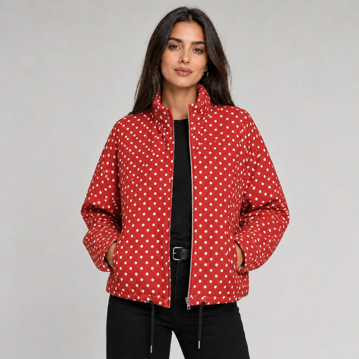 Ludovica | Women's Cropped Oversized Polka Dot Bomber Jacket with Zip - Playful Look