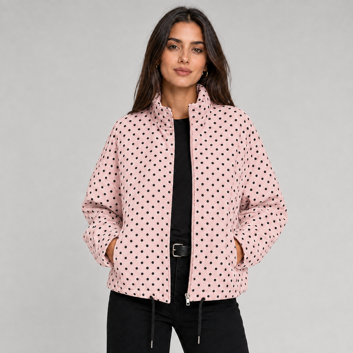 Ludovica | Women's Cropped Oversized Polka Dot Bomber Jacket with Zip - Playful Look