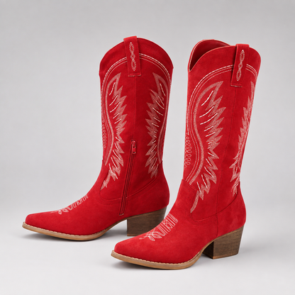 Margherita | Stivali Donna al Ginocchio Western Ricamati con Tacco a Blocco - Stile Equestre