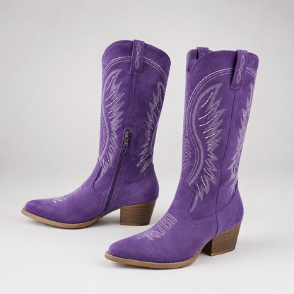 Margherita | Stivali Donna al Ginocchio Western Ricamati con Tacco a Blocco - Stile Equestre