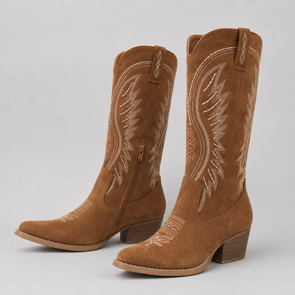 Margherita | Stivali Donna al Ginocchio Western Ricamati con Tacco a Blocco - Stile Equestre