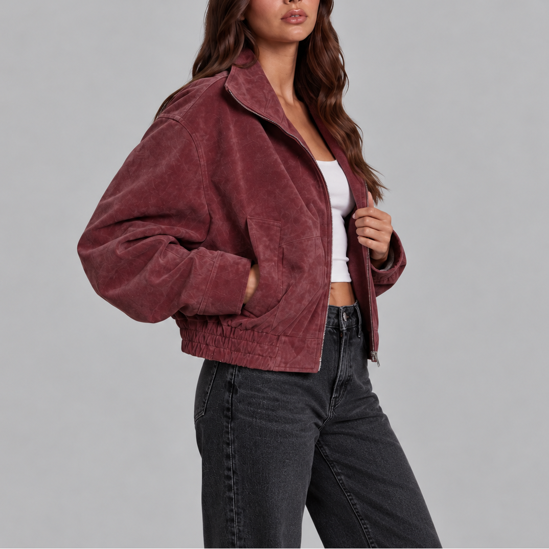 Vittoria | Oversized Suede-Effect Women's Bomber Jacket with Zip - Vintage Style