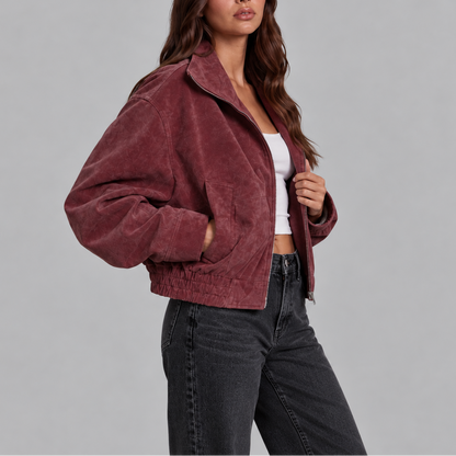 Vittoria | Oversized Suede-Effect Women's Bomber Jacket with Zip - Vintage Style