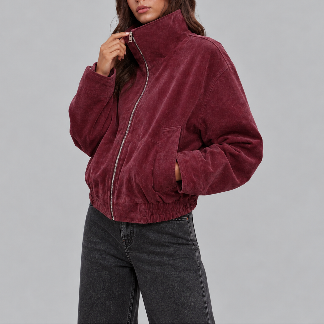 Vittoria | Oversized Suede-Effect Women's Bomber Jacket with Zip - Vintage Style