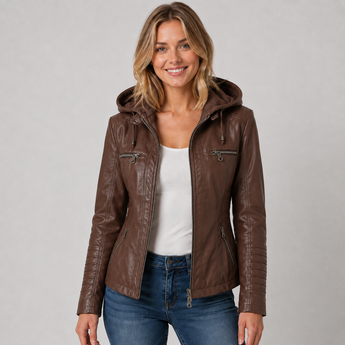 Delfina | Giacca Donna Effetto Pelle con Cappuccio Staccabile e Zip - Versatile Ogni Giorno