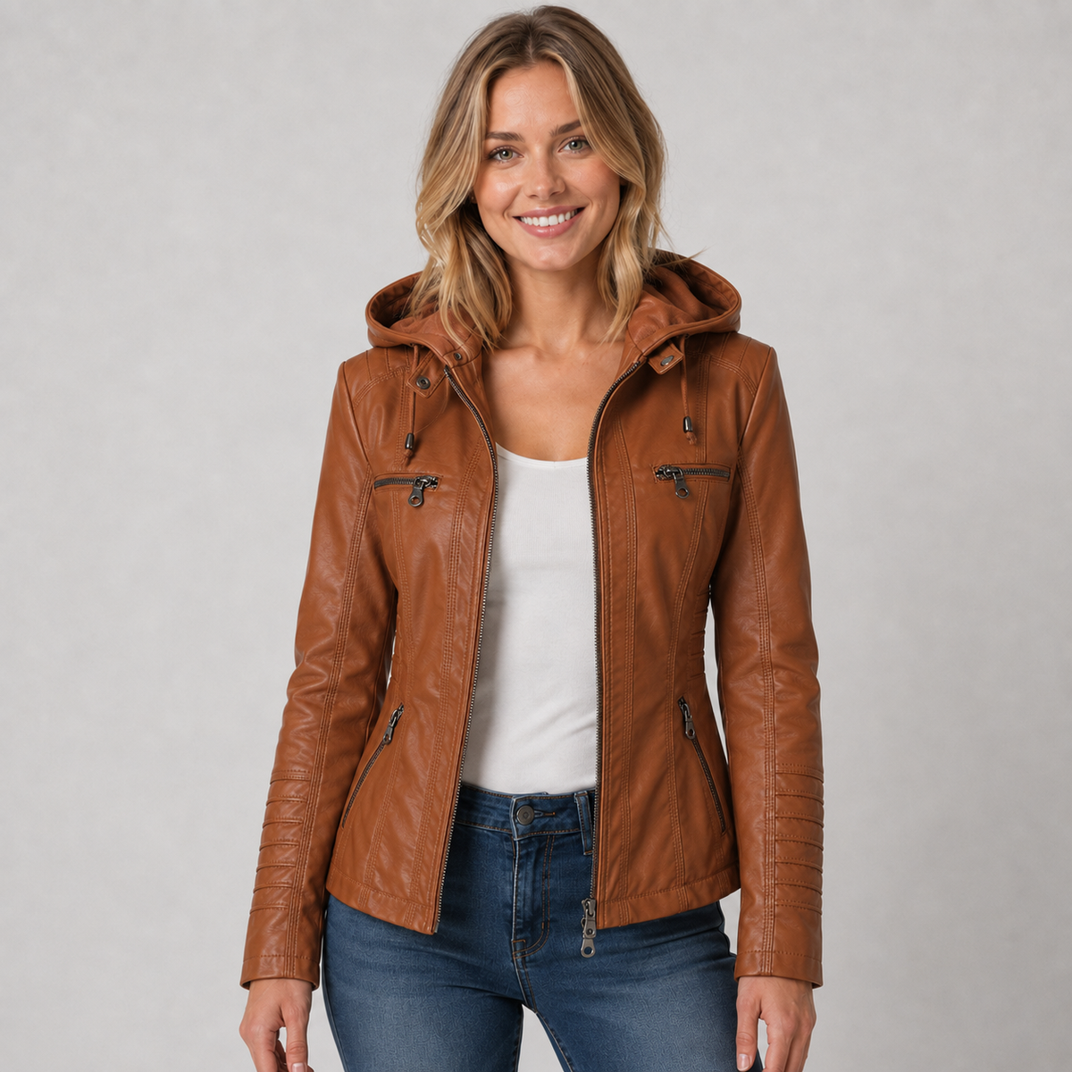 Delfina | Giacca Donna Effetto Pelle con Cappuccio Staccabile e Zip - Versatile Ogni Giorno