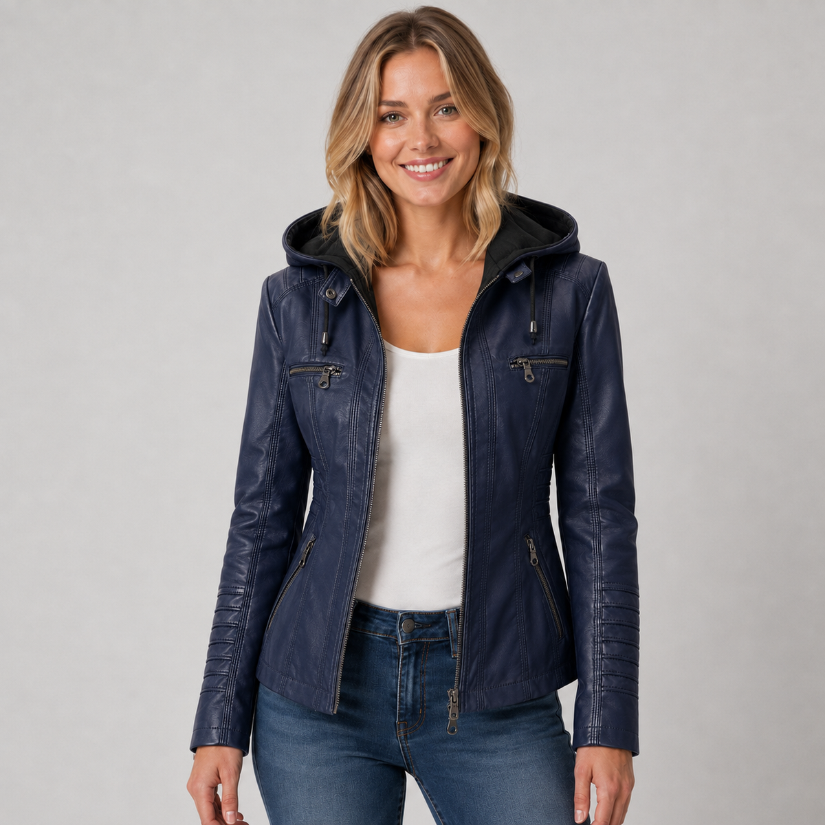 Delfina | Giacca Donna Effetto Pelle con Cappuccio Staccabile e Zip - Versatile Ogni Giorno