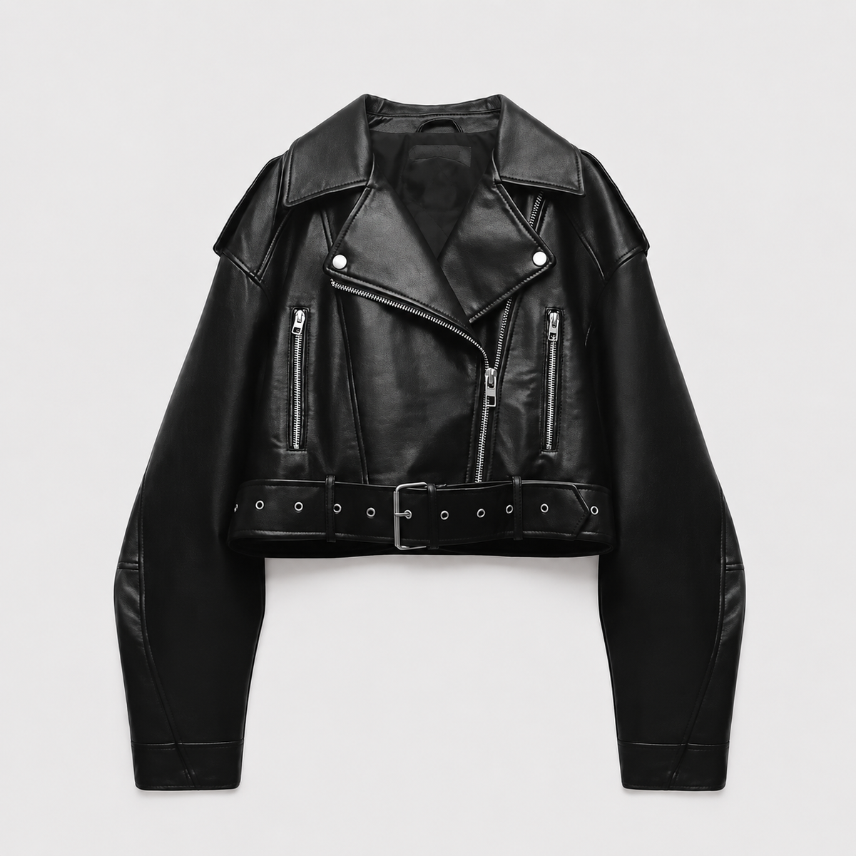 Berenice | Women's Faux Leather Biker Jacket with Belt - Vintage Character