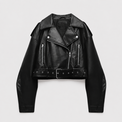 Berenice | Women's Faux Leather Biker Jacket with Belt - Vintage Character