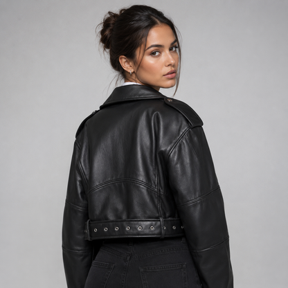 Berenice | Women's Faux Leather Biker Jacket with Belt - Vintage Character