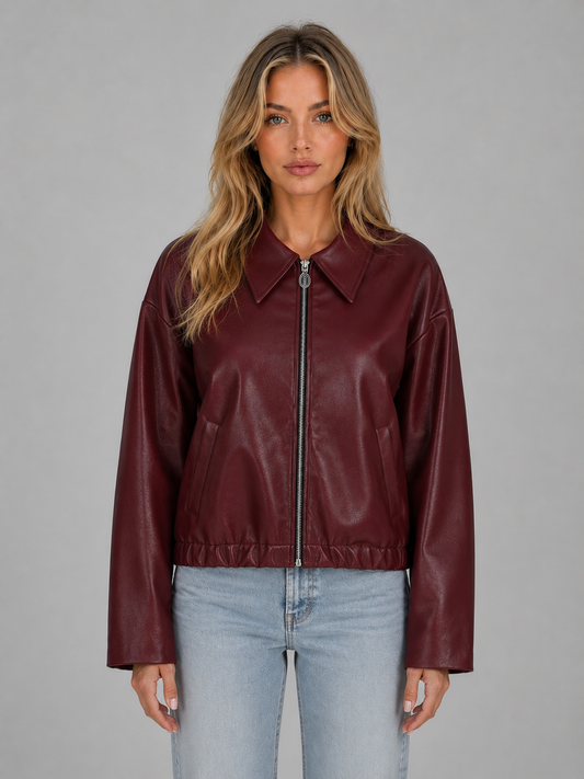 Orietta | Women's Cropped Faux Leather Jacket with Zip and Oversized Collar - Modern Style