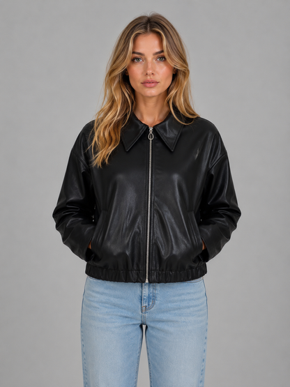 Orietta | Kurze Damenjacke aus Kunstleder mit Reißverschluss und Oversize-Kragen - Moderner Stil