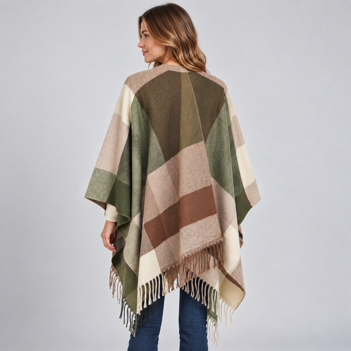 Noemi | Women's Color-Block Blanket Poncho with Fringe - Cozy Style