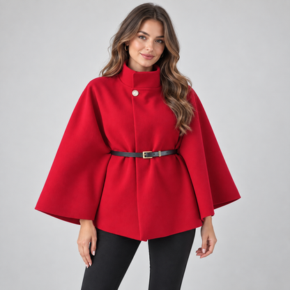 Nives | Women's Belted Cape with High Neck - Elegant Batwing Sleeves