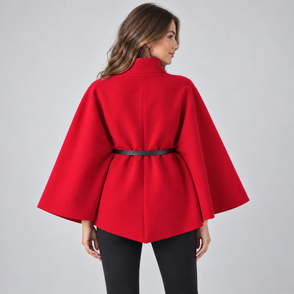 Nives | Women's Belted Cape with High Neck - Elegant Batwing Sleeves