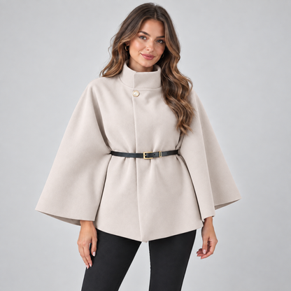 Nives | Women's Belted Cape with High Neck - Elegant Batwing Sleeves
