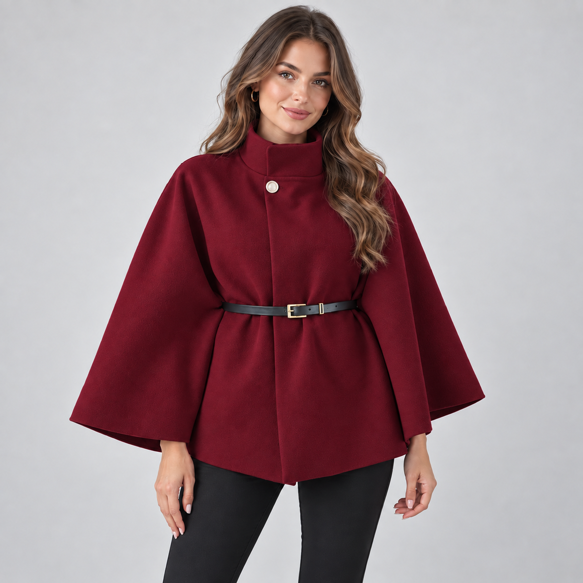 Nives | Women's Belted Cape with High Neck - Elegant Batwing Sleeves