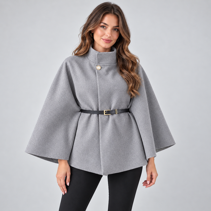 Nives | Women's Belted Cape with High Neck - Elegant Batwing Sleeves