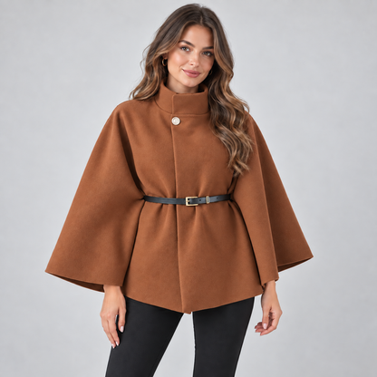 Nives | Women's Belted Cape with High Neck - Elegant Batwing Sleeves