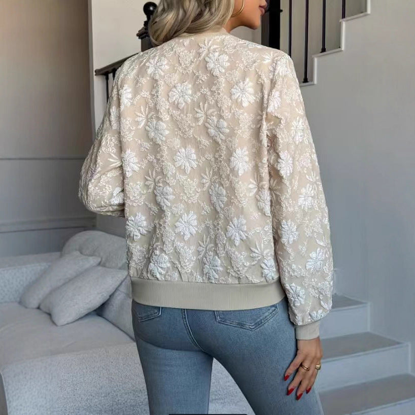 Gemma | Women's Floral Embroidered Bomber Jacket with Ribbed Trim - Feminine Detail