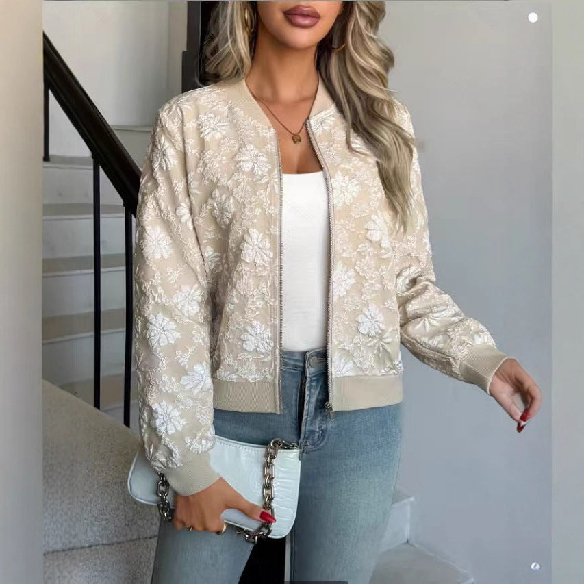 Gemma | Women's Floral Embroidered Bomber Jacket with Ribbed Trim - Feminine Detail
