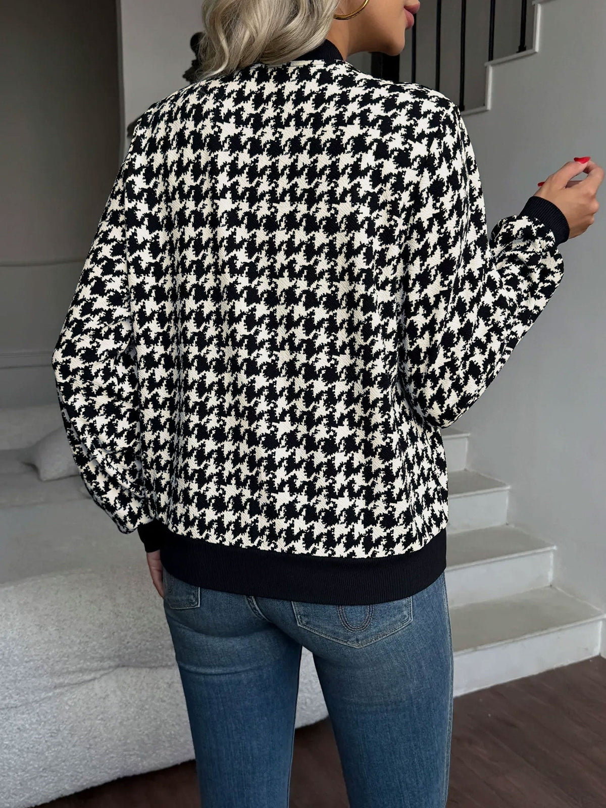 Allegra | Women's Houndstooth Bomber Jacket with Black Ribbed Trim - Bold Print