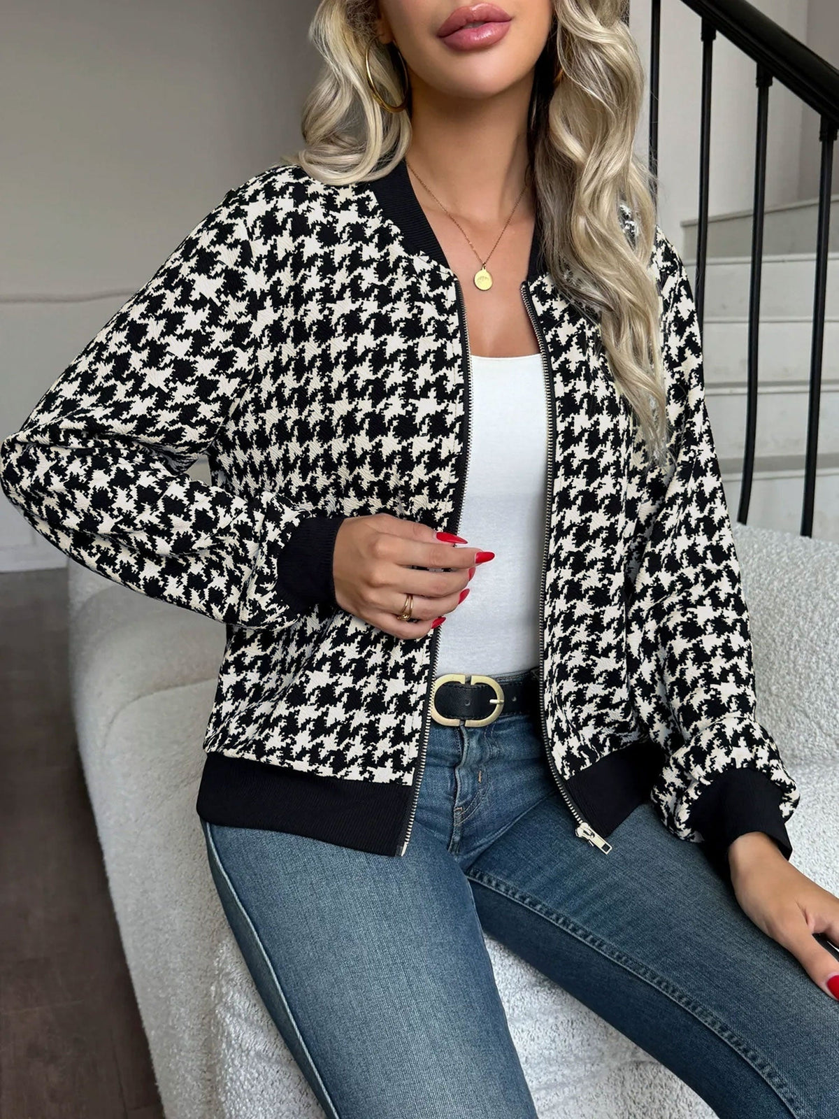 Allegra | Women's Houndstooth Bomber Jacket with Black Ribbed Trim - Bold Print