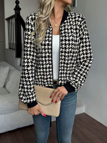 Allegra | Women's Houndstooth Bomber Jacket with Black Ribbed Trim - Bold Print