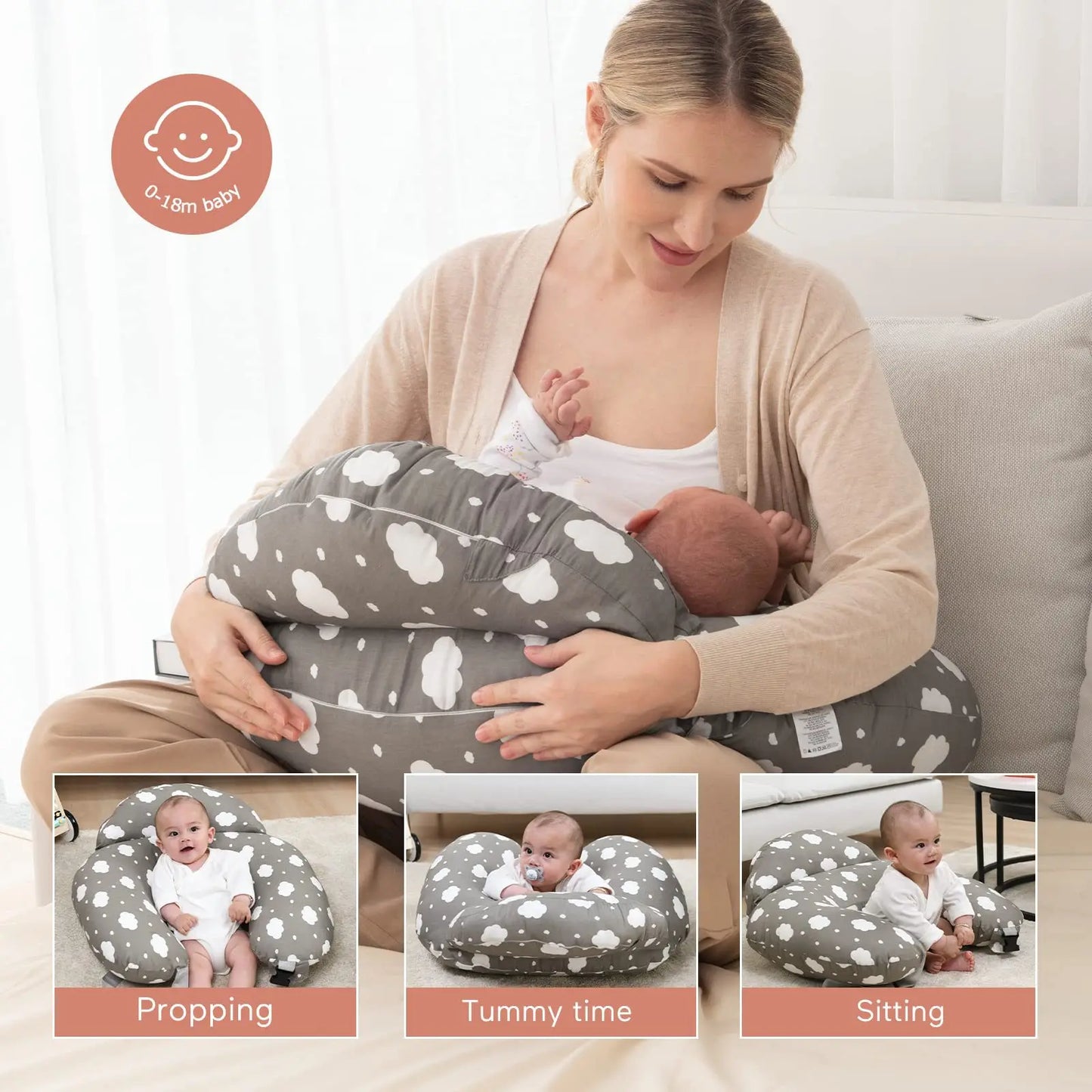 Cuscino Allattamento Ergonomico con Supporto Regolabile in Cotone per Comfort e Sicurezza durante l'Allattamento 0